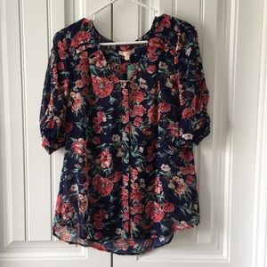 Navy floral print sheer blouse